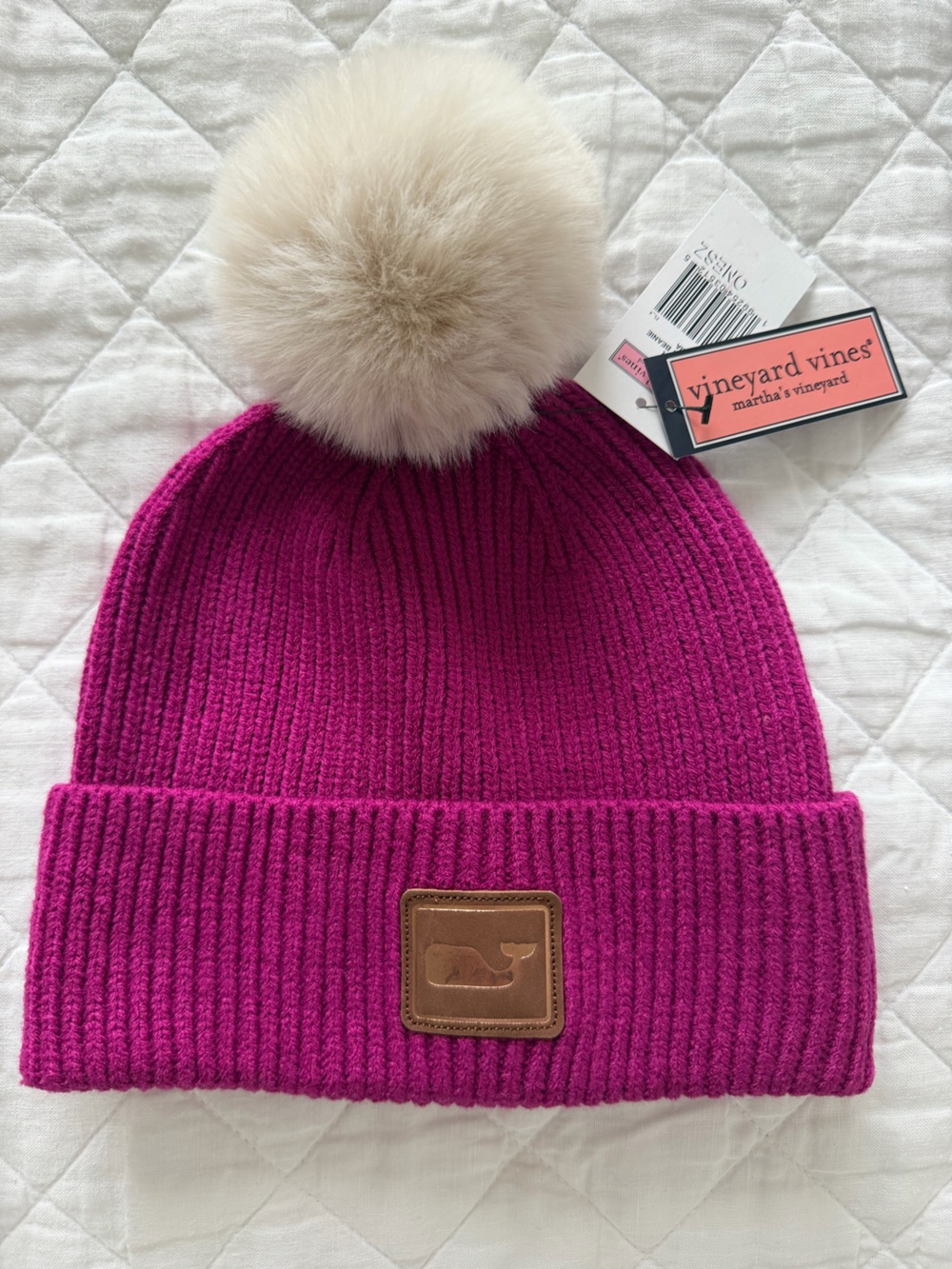 Vineyard Vines Hot Pink Knit Pom Beanie with Faux Fur Pom